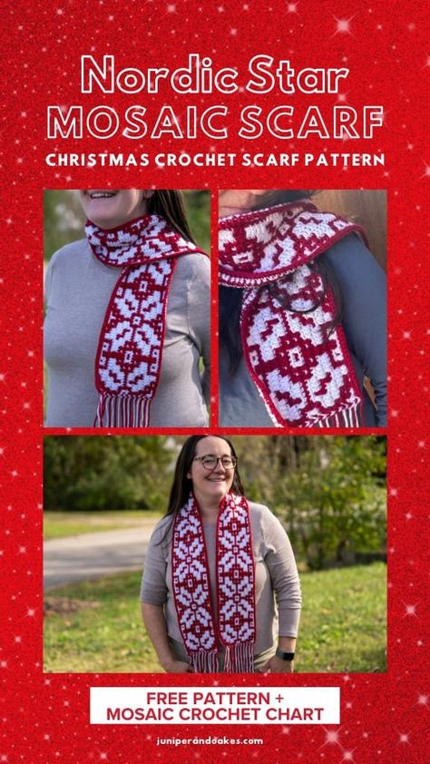 Christmassy Mosaic Crochet Scarf Pattern - Free - Juniper and Oakes Mosaic Crochet Scarf, Star Mosaic, Nordic Star, Overlay Mosaic Crochet, Christmas Mosaics, Crochet Scarf Pattern, Crochet Scarfs, Foundation Single Crochet, Crochet Christmas Stocking