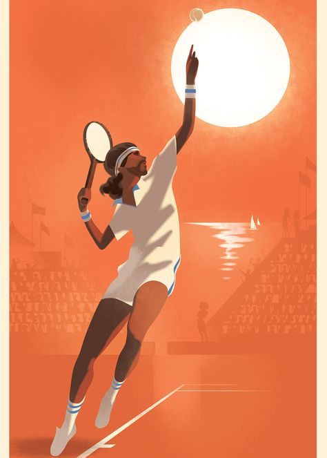 Mads Berg Illustration Mads Berg, Break Point, Tennis Art, Sports Wall Decor, Sports Wall, Tennis Player, Editorial Illustration, Vibrant Orange, The Court