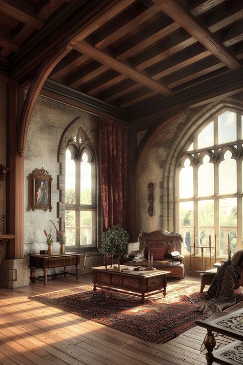 Medieval Sitting Room, Medieval Interior Design Modern, Medieval Houses Interior, Medieval Game Room, Modern Medieval Aesthetic, Medieval Decor Interior Design, Medieval Home Interior, Modern Medieval Home, Medieval Room Aesthetic