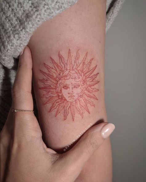 Red Tattoo , red sun , sun Tattoo . Helios Helios Tattoo Sun, Sicilian Sun Tattoo, Sun On Fire Tattoo, Helios Tattoo Design, Sun Crown Tattoo, Red Elbow Tattoo, Burning Sun Tattoo, Ethereal Sun Tattoo, Sun Tattoo On Elbow