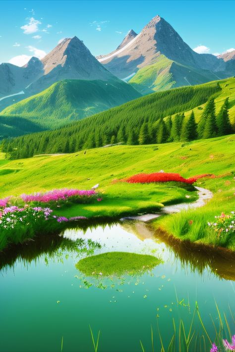 with flower pond and grass hills. original wide format image and gallery in the link. Gray Mountain, Grassy Hill, Beautiful Flowers Photos, Wallpaper Nature Flowers, Mountain Peak, Note Book, Rolling Hills, Ponds, Country Life