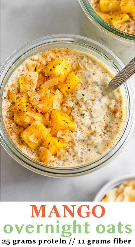 Mango overnight oats take a simple overnight oat recipe and spices it up with blended fresh mango. Makes a fresh and healthy make-ahead recipe perfect for breakfast, meal prep, snack, or pre or post-workout. Packed with 25 grams of protein and 11 grams of fiber! Overnight Oats Tiktok, Mango Overnight Oats, Yogurt Bowl Recipe, Oats Yogurt, Breakfast Drinks, Salmon Breakfast, Protein Overnight Oats, Oat Recipes Healthy, Delicious Meal Prep