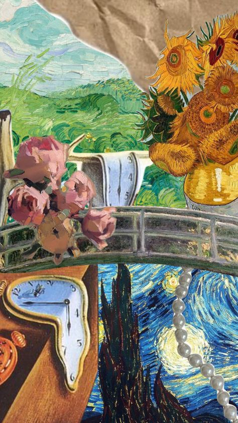 Famous Paintings Wallpaper, Aesthetic Art Van Gogh, Vangogh Aesthetics Wallpaper, Van Gogh Poster Aesthetic, Van Gogh Collage Art, Famous Paintings Collage, Van Gogh Collage Wallpaper, Impressionism Collage, Art Vangogh