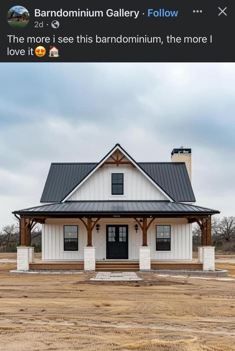 Barndominium Ideas White Exterior, Aluminum House Exterior, White Ranch House Black Windows, White Black Farmhouse Exterior, White And Black Metal House, Black Tin Roof Farmhouse, White House With Black And Wood Accents, House With Metal Siding, Shop House Exterior Design