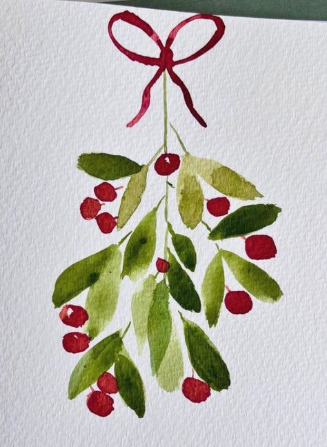 How To Draw Holly Leaves, Christmas Holly Drawing, Watercolour Calendar, Mistletoe Illustration, Mistletoe Drawing, Christmas Handwriting, Watercolor Card Ideas, Watercolor Holly, Watercolor Pens