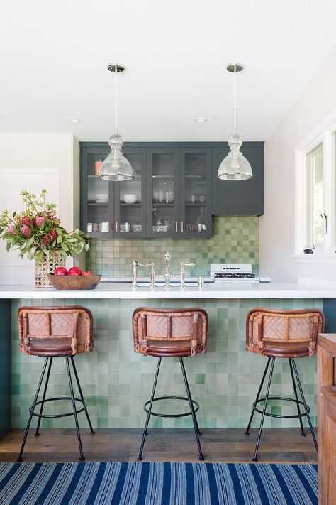 Pool House Bar, Heath Ceramics Tile, Bar Tile, Beach Style Kitchen, Green Backsplash, Nautical Interior, Colorful Kitchen, Green Kitchen, Green Design