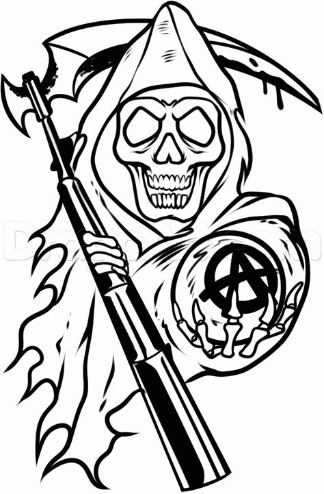 Sons of Anarchy Logo Outline Sons Of Anarchy Logo, Grim Reaper Drawing, Sons Of Anarchy Reaper, Reaper Drawing, Cool Skull Drawings, Grim Reaper Tattoo, Reaper Tattoo, Skull Coloring Pages, Tattoo Outline Drawing