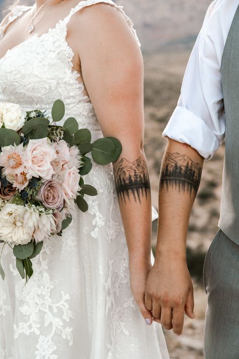 Tattoos Mountains, Married Couple Tattoos, Scenery Tattoo, Mountain Tattoos, Him And Her Tattoos, Couple Tattoos Unique Meaningful, Canyon Wedding, Couple Matching Tattoo, Couple Tattoos Unique