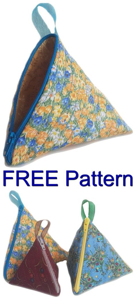 Here's a quick and simple FREE pattern for you to work on, to make this pyramid style triangular zip pouch. These little-zipper pouches are easy to make and as an added bonus they come in 3 different sizes. Once you have made one, it is easy to change the size and make the next one. The small one is ideal for a coin purse in your handbag or to keep in the car, while the larger ones could easily be used to keep many different types of sewing accessories such as wonder clips, safety pins, etc. Purse Patterns Free, Coin Purse Pattern, Trendy Sewing Patterns, Crochet Purse Pattern Free, Pouch Sewing, Triangle Bag, Sewing Projects Clothes, Modern Bag, Trendy Sewing