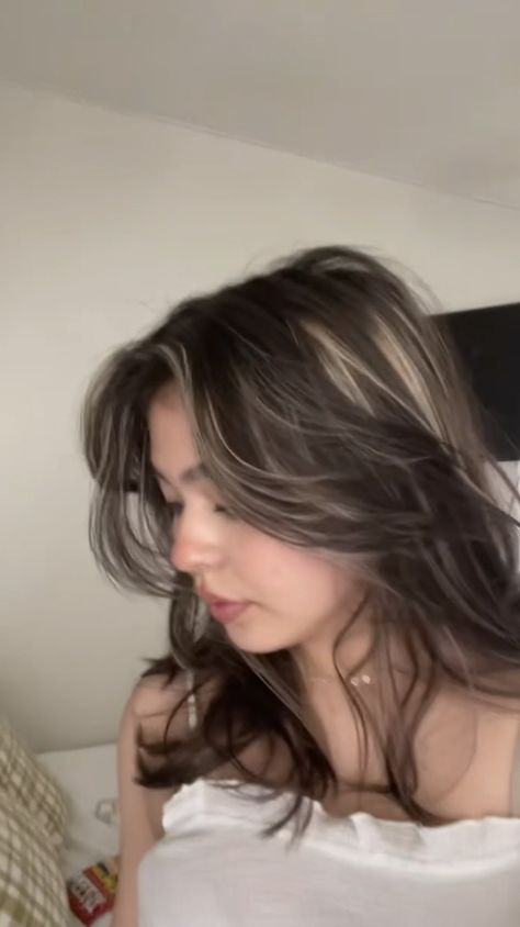 Brown Hair Highlights Aesthetic, Long Brown Hair With Blonde Balayage, Aesthetic Highlight Hair, Dark Hair With Blonde Highlights Underneath, Dark Brown Hair Chunky Blonde Highlights, Highlights For Dark Dark Brown Hair, Highlighted Curtain Bangs, Grunge Hair Highlights, Shaggy Hair Highlights