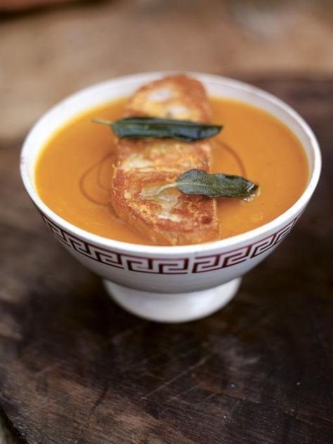 superb squash soup with the best parmesan croutons | Jamie Oliver | Food | Jamie Oliver (UK) Jamie Oliver Soup, Parmesan Croutons, Crouton Recipes, Butternut Squash Recipes Soup, Squash Soup Recipe, Jamie Oliver Recipes, Squash Soup, Butternut Squash Soup, Idee Pasto Sano