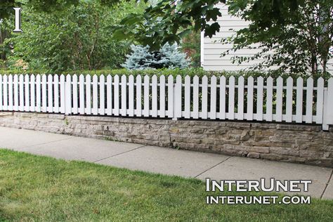 Picket Fence Stone Wall With Fence On Top, Front Landscaping Design, Pergola Area, Garden Front Of House, Stone Fence, Picket Fences, Elephant Rock, Fence Designs, Natural Fence