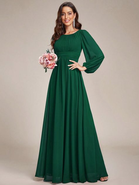 Dark Green  Collar Long Sleeve Chiffon Plain A Line Embellished Non-Stretch  Weddings & Events Modest Green Dress, Royal Green Dress, Empire Silhouette Dress, Puff Sleeves Outfit, Modest Prom Dresses With Sleeves, Dark Green Long Sleeve Dress, Emerald Green Chiffon Dress, Midi Long Sleeve Dress, Infinity Gown