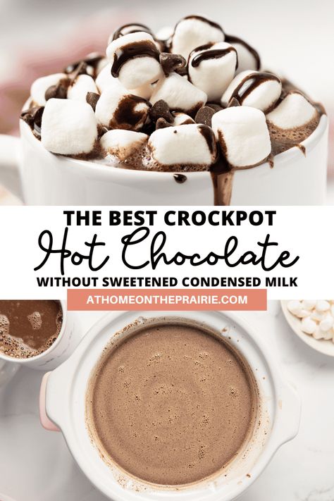 The best crockpot hot chocolate without sweetened condensed milk. This cocoa recipe is so easy to throw together and keep warm in the slow cooker for your next party or special occasion! Best Crockpot Hot Chocolate, Hot Cocoa Crockpot Recipe, Peppermint Marshmallows Recipe, Homemade Hot Chocolate Crockpot, Slow Cooker Hot Chocolate Recipe, Hot Chocolate With Cocoa Powder, Crock Pot Hot Chocolate Recipe, Hot Chocolate Recipe Homemade, Best Crockpot