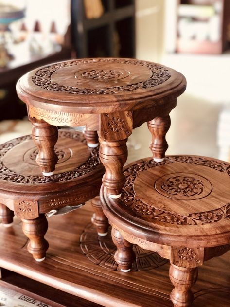 Wooden Stool Designs, Pillar Decor, Antique Rocking Chairs, Wood Carving Furniture, Temple Design For Home, Colonial Furniture, Ethnic Home Decor, Pooja Room Door Design, Ethnic Decor