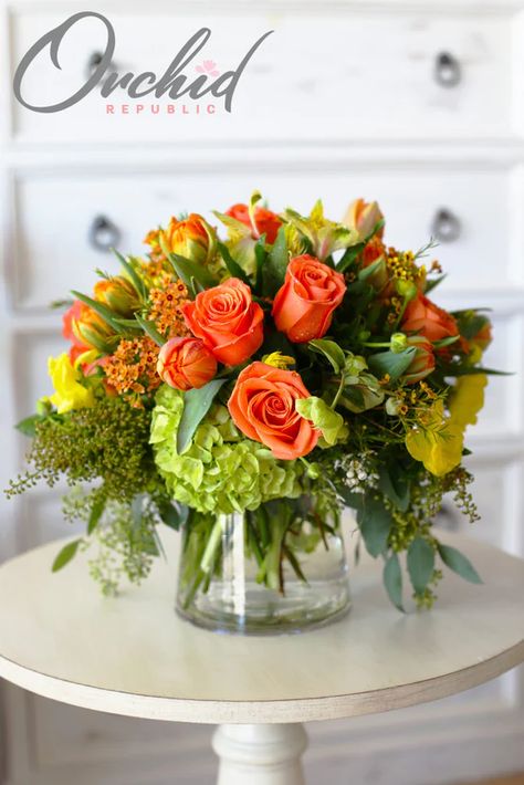 Toasted Tangerine - Floral Arrangements Delivery Orange Yellow Flower Arrangements, Yellow Orange Flower Arrangement, Tall Vase Arrangements, Yellow Flower Arrangements, Hydrangea Flower Arrangements, Green Clouds, Roses Orange, Small Flower Arrangements, Green Centerpieces