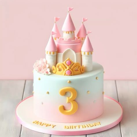 Princess Castle Cake Buttercream, Princess Cake For Girls Birthday, Princess Theme Birthday Party Cake, 3rd Birthday Party For Girls Ideas Cake, Cinderella Castle Birthday Cake, Princess Castle Birthday Party, Castle Princess Cake, 3 Birthday Cake Girl, Third Birthday Cake Girl