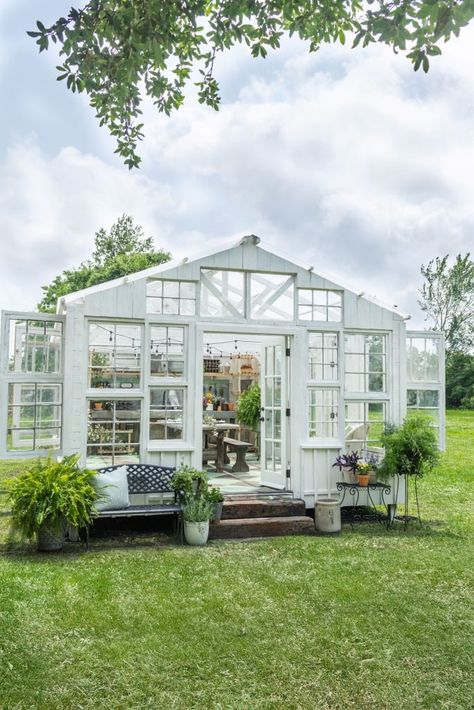 Old Windows to New Greenhouse - American Farmhouse Style Repurposed Greenhouse Ideas, Green House With Old Windows, Greenhouse Old Windows, Antique Greenhouse, Greenhouse Out Of Old Windows, Greenhouse Made From Old Windows, Old Window Greenhouse, Scandinavian Farmhouse Style, Window Greenhouse