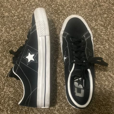 BLACK AND WHITE "ONE STAR PRO" CONVERSE One Star Shoe, Black One Star Converse, Converse One Star Aesthetic, Black Star Converse, Black Star Shoes, Low Converse Aesthetic, Converse Star Shoes, Converse One Star Pro Outfit, Black And White Shoes Aesthetic