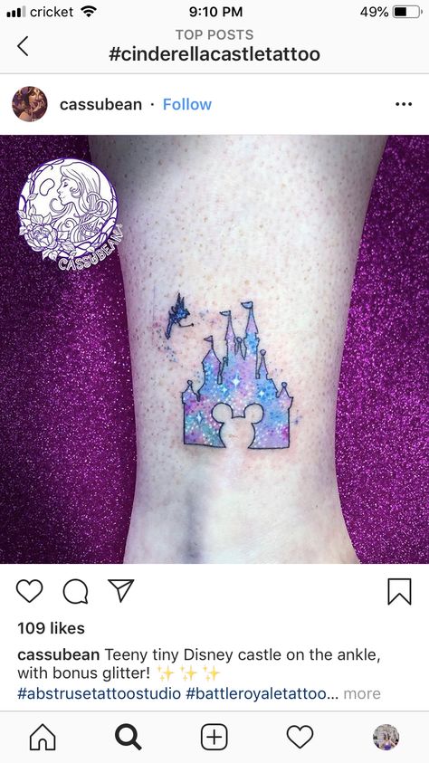 Disney Parks Tattoo Ideas, Glitter Tattoo Permanent Disney, Easy Disney Tattoos, Small Disney Castle Tattoo, Simple Disney Tattoos Ideas, Disney Glitter Tattoo, Cinderella Castle Tattoo, Simple Disney Tattoos, Tiny Disney Tattoo