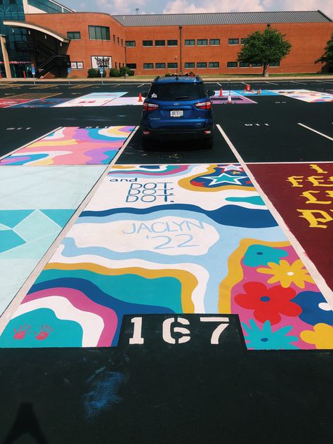 Mama Mia Parking Spot Painting, Parking Spot Painting Junior Year, Parking Spit Painting, Mamma Mia Parking Spot Painting, Mama Mia Parking Spot, Simple Painted Parking Spots, Mamma Mia Senior Parking Spot, Mamma Mia Parking Spot, Senior Spot Ideas