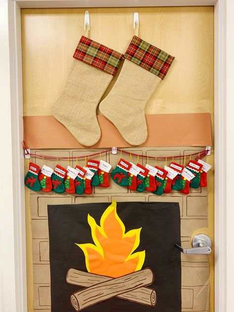 Stocking Classroom Door Decoration, Classroom Stockings Student, Christmas Door Decor, Door Decorating, Room Mom, Office Door, Door Decorations Classroom, Christmas Classroom, School Room