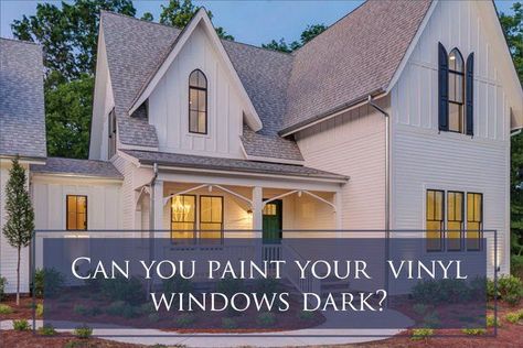 Wondering if you can paint your exterior pvc or vinyl windows dark? Find out the ins and outs from The Decorologist, and what products might help you. Painting Vinyl Windows, Black Vinyl Windows, Dark Windows, Vinyl Windows, Front Door Paint Colors, Color Home, Door Paint Colors, Painted Vinyl, Painted Front Doors