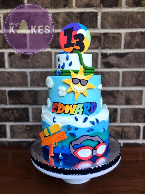 Pool Theme Birthday Party Cake, Splash Cake Ideas, Summer Theme Birthday Cake, Pool Party Cake Ideas Boys, Buttercream Clouds, Pool Party Cake Ideas, Pool Party Birthday Cake, Tier Decorations, Pool Birthday Cakes