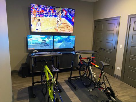 Bike Trainer Setup, Zwift Cycling Setup, Pain Cave Cycling, Zwift Setup, Cycling Room, Bike Cave, Zwift Cycling, Bike Storage Home, Bicycle Room