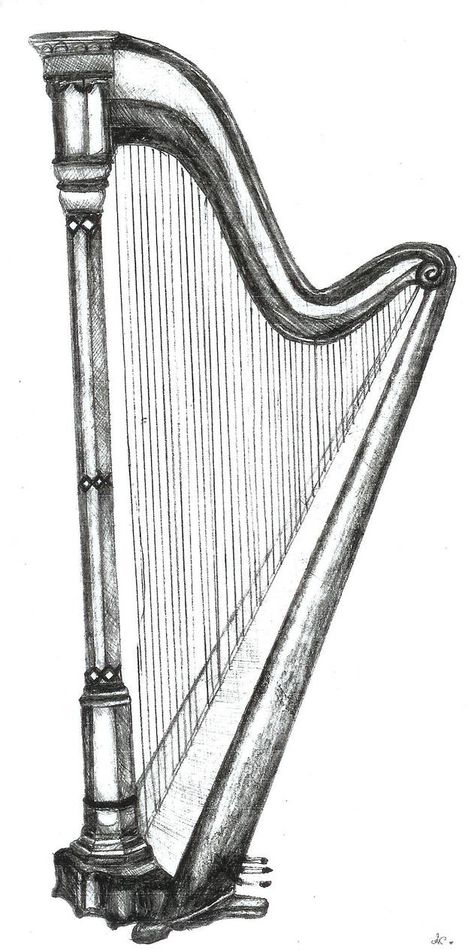 Harp Pencil Drawing by KouMiRien on DeviantArt Sketches Cool, Drawing Pencil Sketches, Music Sketch, Musical Instruments Drawing, Drawing Instruments, Instruments Art, Cool Chest Tattoos, Music Drawings, Pencil Sketches