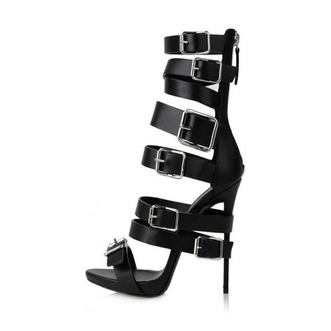 Black Mid Calf Gladiator Heels Open Toe Sexy Stiletto Heel Sandals for Formal event, Party | FSJ Mini Frock, Black Gladiator Sandals, Gladiator Heels, Stiletto Sandals, Charlotte Olympia, Leather Buckle, Short Boots, Heel Sandals, High Heel Sandals