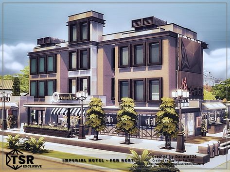 The Sims Resource - Imperial Hotel - For Rent Sims 4 Hotel, The Sims 4 Lots, Restaurant Service, Imperial Hotel, Small Cafe, Hotel Building, Sims House, Sims 4 Clothing, Electronic Art