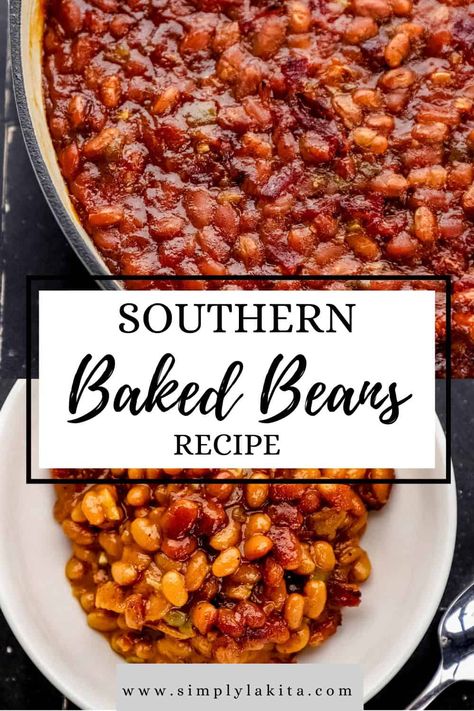 Southern Baked Beans are the perfect side dish recipe made with simple ingredients including canned beans, bacon, and a sweet and savory sauce. The best southern style recipe to share at family gatherings. simplylakita.com #bakedbeans Twice Baked Beans, Elevated Baked Beans, Southern Baked Beans With Ground Beef, Baked Beans Recipe From Canned Beans, Southern Beans Recipe, Pioneer Woman Baked Beans, Country Baked Beans, Baked Beans Recipe Easy, Baked Beans From Canned Beans