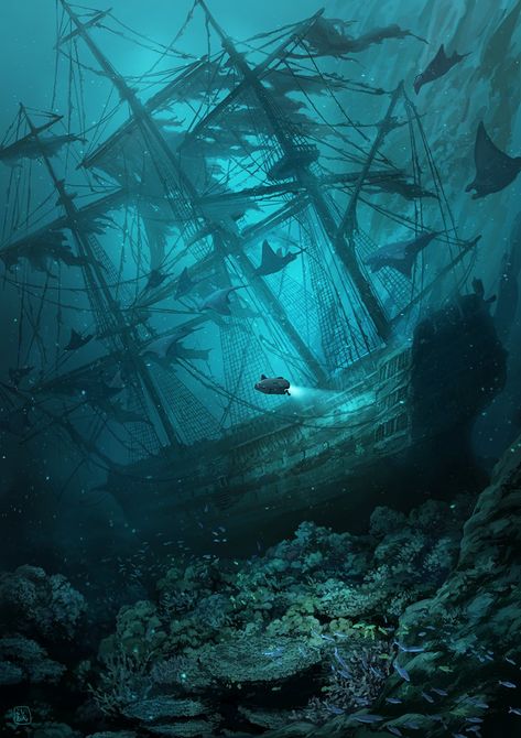 World Underwater, Underwater City, A Ship, In The Ocean, Underwater World, Fantasy Landscape, Sharks, The Ocean, Swimming