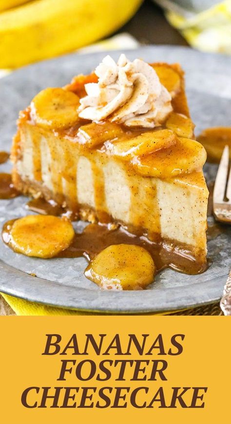 This Bananas Foster Cheesecake recipe is made with a thick and creamy banana brown sugar filling, cinnamon cookie crumb crust and bananas foster topping! It’s a wonderful combination of bananas, cinnamon, brown sugar and rum that makes the most AMAZING cheesecake! Banana Nut Cheesecake, Banana Rum Cheesecake, Bananas Foster Pie, Banana Foster Cheesecake Recipes, Banana Topping, Bananas Foster Cookies, Bananas Foster Desserts, Banana Foster Recipe Easy, Bananas Foster Cheesecake