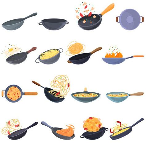 Wok frying pan icons set. cartoon set of... | Premium Vector #Freepik #vector #food #restaurant #cartoon #kitchen Wok Illustration, Frying Pan Illustration, Frying Pan Drawing, Cat Pancakes, Restaurant Cartoon, Cook Illustration, Cooking Icon, Cartoon Kitchen, Seafood Cocktail