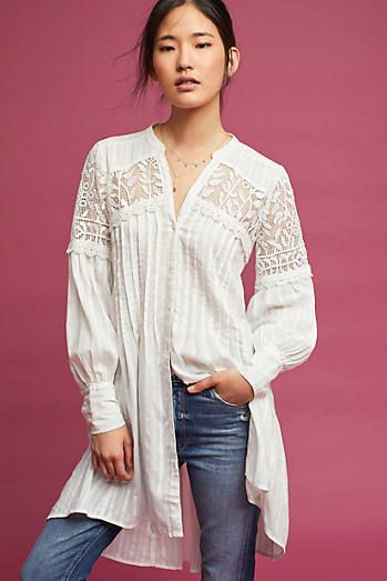 Pintucked Lace Tunic Lace Button, Silky Blouse, Lace Tunic, Anthropologie Top, Mode Inspo, Tunic Styles, Looks Style, Tunic Top, Project Ideas