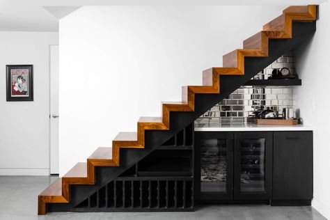 This built in under stair bar will be your home's best kept (not-so) secret. Black And Wood Staircase, Under Stair Bar, Bar Under Staircase, Wood Staircase Design, Under Stairs Bar, Modern Staircase Design, Under Stair, Wood Staircase, Phoenix Homes