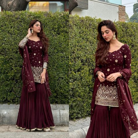 ❤️ 9601606887 👈for Order and More Details☝️ 💥Launching New Designer Party Wear Look Top , Sharara Plazzo and Dupatta👌❤️ (ND-5006) 💃 Fabric Detail 💃 💃 Top Fabric * : Heavy Shinon Silk Material With 5mm Sequence Embroidery Work. with *( Fully Sleeves ) 💃Top Inner : Micro Cotton 💃Top Size : M(38),L(40),XL(42),2XL(44) + Margin (Fully Stiched) 💃Top Length : 37-38 Inches 💃Sharara Palazzo : Heavy Shinon Silk With Ready-Made Less Work. (Fully Stiched Sharara Palazzo Styles and Length is 41-4... Sharara Designs Party Wear, Palazzo Styles, Wedding Salwar Suits, Bollywood Suits, Sharara Designs, Desi Dress, Saree Bollywood, Sequence Embroidery, Desi Fashion Casual