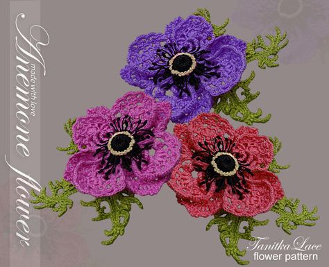 Anemones crochet flowers pattern. Tutorial how to make Peace Lily Flower, Flower Anemone, Crochet Bouquets, Flower Hearts, Crochet Leaf Patterns, Crochet Flowers Easy, Crochet Bouquet, Make Tutorial, Crochet Leaves