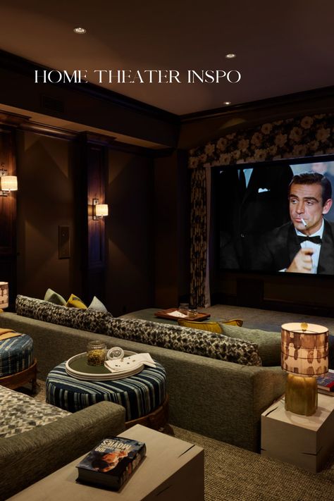 Home designer Jay Jeffers took this California home theater to the next level. With bold designs from the striped ottomans to the plush patterned couches and dark wallpaper, this room feels like a mid century theater with a modern twist. Home Theatre Room Ideas, Theatre Room Ideas, Movie Theater Rooms, Home Theater Room Design, Theater Room Design, Home Cinema Room, Home Movie, At Home Movie Theater, Home Theater Rooms