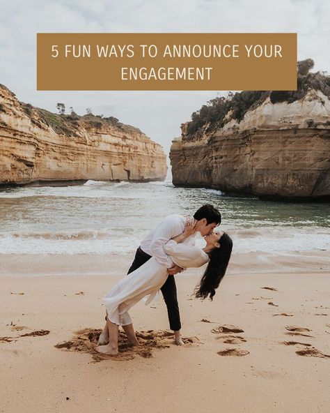 A couple dip kissing on the beach with pale sand with soft waves. Announce Engagement, Engagement Announcements, Engagement Announcement, Exciting News, Wedding Tips, Loved Ones, To Tell, First Love, Best Friends