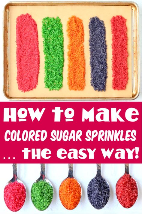 Out of sprinkles? Don't worry… these easy Homemade Colored Sugar Sprinkles will save the day! They're so simple to make, and perfect for adding to Christmas sugar cookies or frosted cake and donuts! Go grab the recipe and give it a try this week! How To Color Sugar For Sprinkles, Diy Sprinkles Decorations, How To Make Colored Sugar, How To Make Sprinkles Homemade, How To Color Sugar, How To Make Sprinkles, Homemade Sprinkles Recipe, Chocolate Frosting Recipe Easy, Homemade Sprinkles