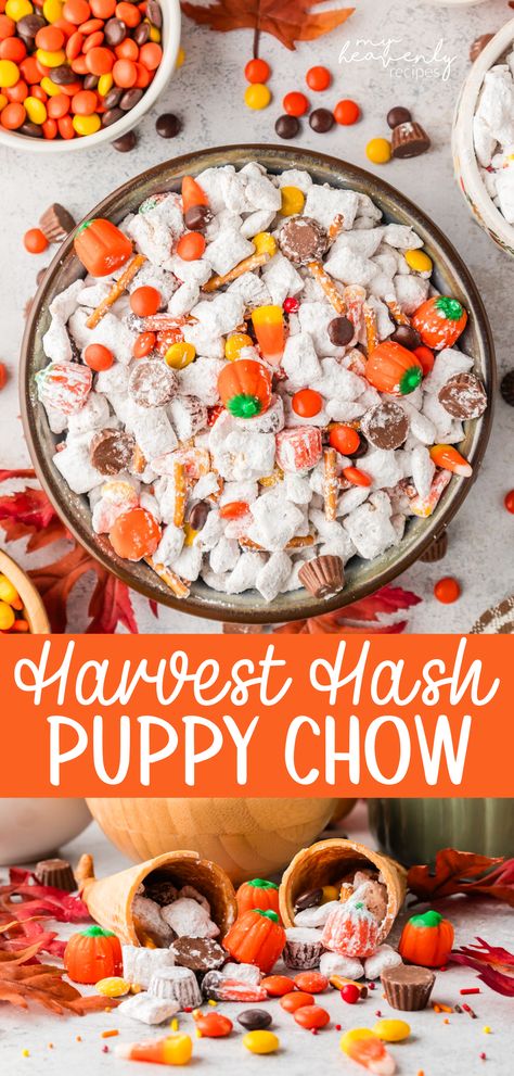 Harvest Hash Puppy Chow mix- chex mix muddy buddies for fall. Thanksgiving dessert treat idea for kids. Ice cream cone waffle cone cornucopias. How to make them. Fall themed dessert treat for gifts in a bag. Cute fall autumn puppy chow chex mix. Thanksgiving Puppy Chow Chex Mix Recipe, Puppy Chow Thanksgiving, Thanksgiving Puppy Chow, Thanksgiving Themed Treats, Fall Puppy Chow, Thanksgiving Chex Mix Recipes, Puppy Chow Chex Mix, Puppy Chow Chex, Harvest Hash