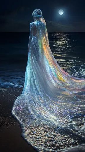 ↑↑↑ Larger size on website 🔸 A woman in a white dress with a shimmering iridescent veil stands on a beach at night. The veil bill Iridescent Veil, Beach At Night, Veil, White Dress, White