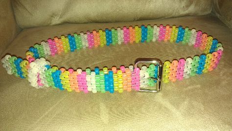 Glow in the dark rainbow kandi belt Kandi Belt, Rainbow Kandi, Scene Kandi, Kandi Mask, Kandi Cuff Patterns, Diy Kandi Bracelets, Dark Rainbow, Ibuki Mioda, Rave Edm