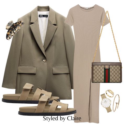 This look features an oversized khaki blazer, ribbed midi maxi dress in neutral tone, hermes cypher sandals, gucci ophidia bag, hair claw & gold accessories. Fashion summer autumn insspiration ideas for city break everyday outfits Midi Outfit, Gucci Ophidia Bag, Midi Outfits, Classy Dinner, Sandals Gucci, Dinner Fits, Work Aesthetic, Khaki Blazer, Gucci Ophidia