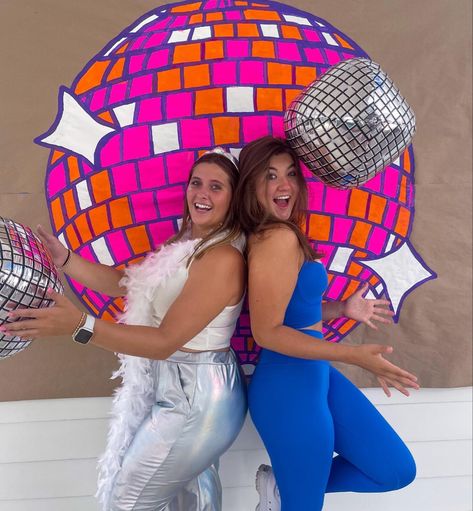 Sorority Event Decorations, Dance Marathon Themes, Disco Banner, Disco Date Party Sorority, Disco Bid Day, Welcome To The Disco Bid Day, Mad Happy Bid Day Theme, Disco Banner Sorority, Ride Of Your Life Bid Day