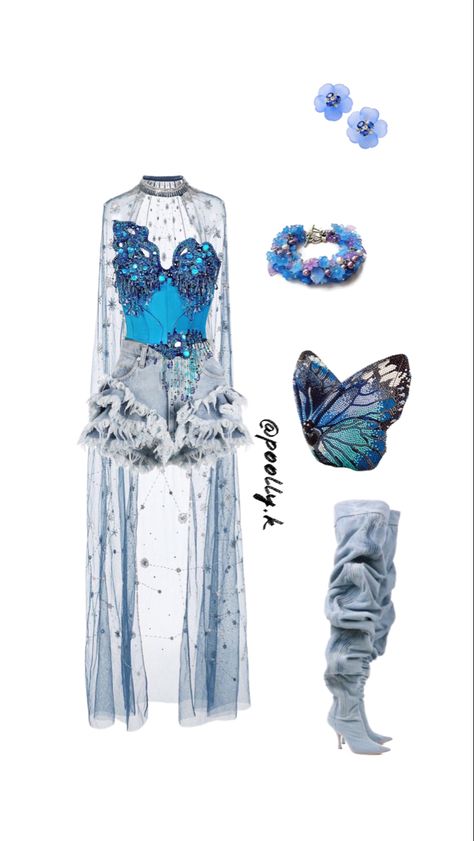 #kpop #vintage #skirt #shoes #heels #butterfly #flowers #blue #stage Butterfly Heels Outfit, Heels Butterfly, Kpop Vintage, Butterfly Heels, Heels Outfits, Flowers Blue, Skirt Shoes, Butterfly Flowers, Vintage Skirt