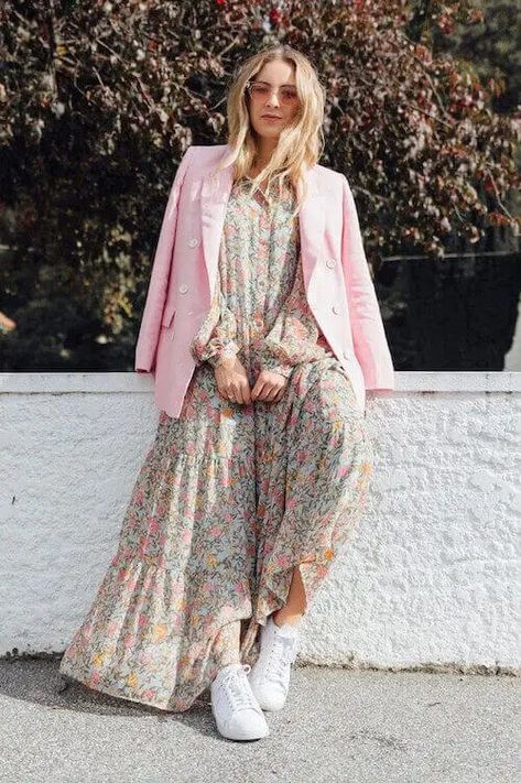 Blazer Over Maxi Dress Outfits, Blazer Maxi Dress, Maxi Dress Styling Ideas, Pink Blazer With Dress, Maxi Dress Blazer Outfit, Blazer With Maxi Dress, Maxi Dress With Blazer Outfit, Maxi Dress Sneakers Outfit, Maxi Dress And Blazer Outfit